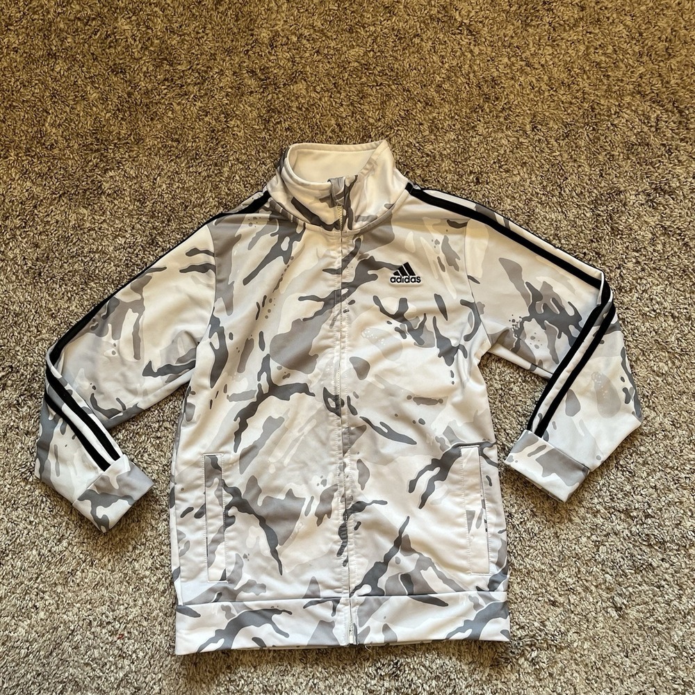 Adidas Zip Up Jacket Boys Size 7 White Camo Long Sleeve